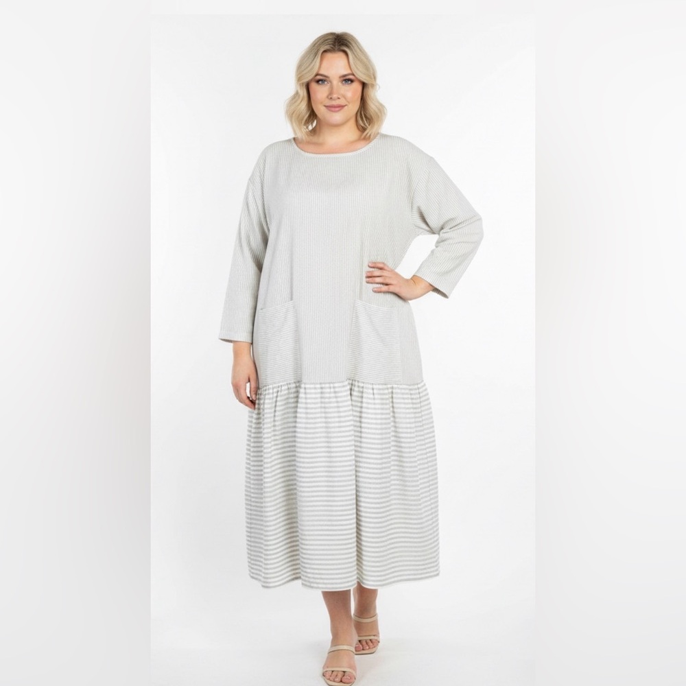 Misslook Dress Womens Size 2X Plus Tan White Drop Waist Smock Peplum Beach Midi